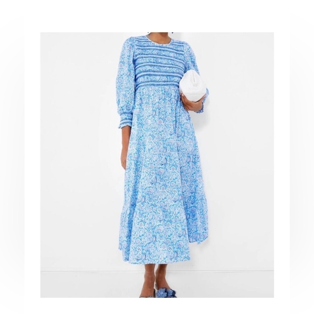 NWT Pink City Prints Isabel Dress S Ornate Sky Blue Cotton Smocked Midi - Picture 12 of 12